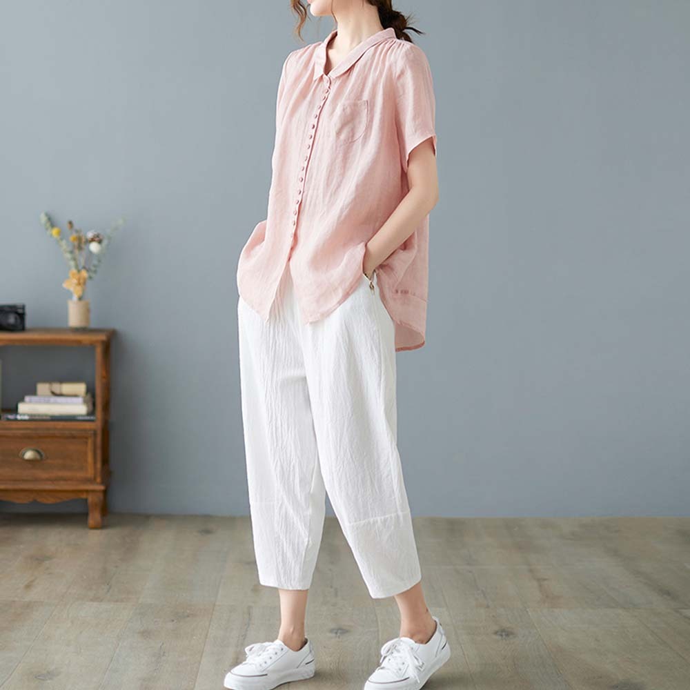 Women's loose large size cotton and linen short sleeve shirt