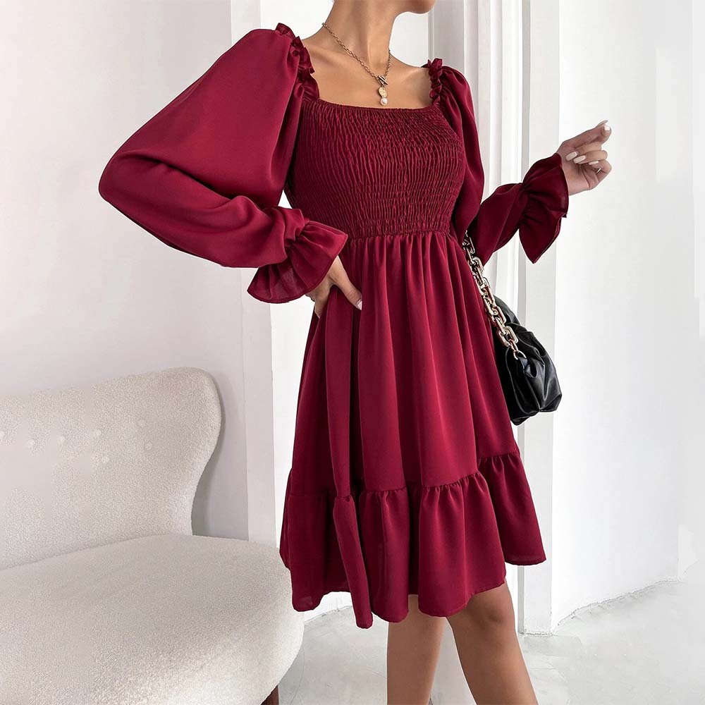 2024 Temperament Square Neck Pleated Ruffle Dress