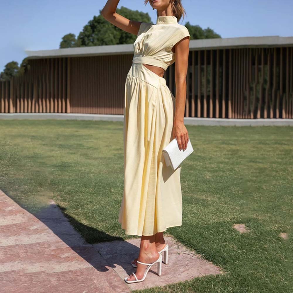 Stylish stand-up collar and exposed waist resort style dress