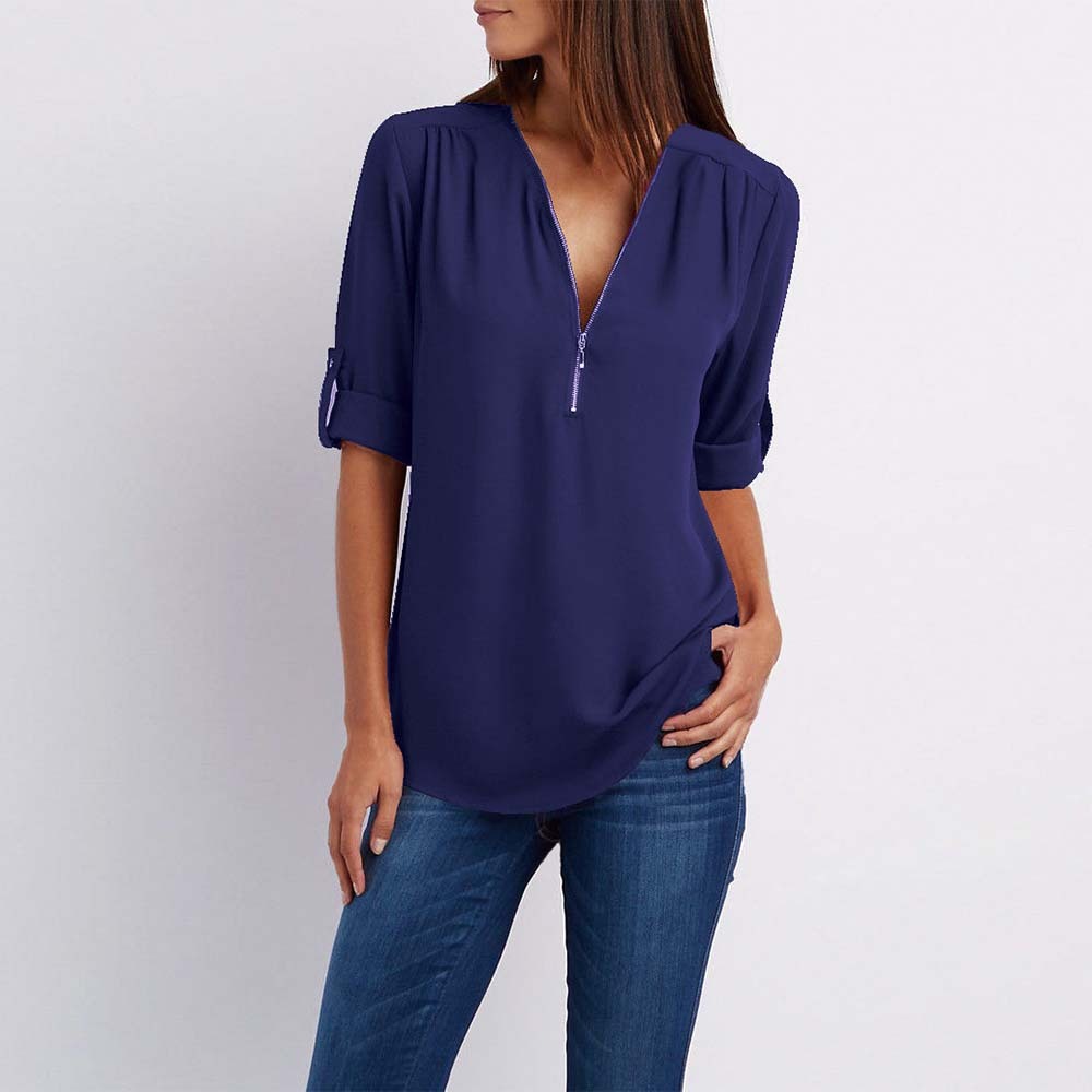 Women's Summer Fashion V Neck Zipper Chiffon Shirt