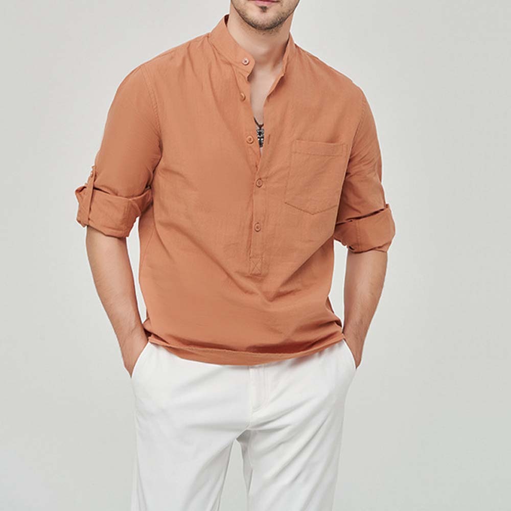 Hojanaranja Camisa henley cómoda de algodón de color liso para hombre