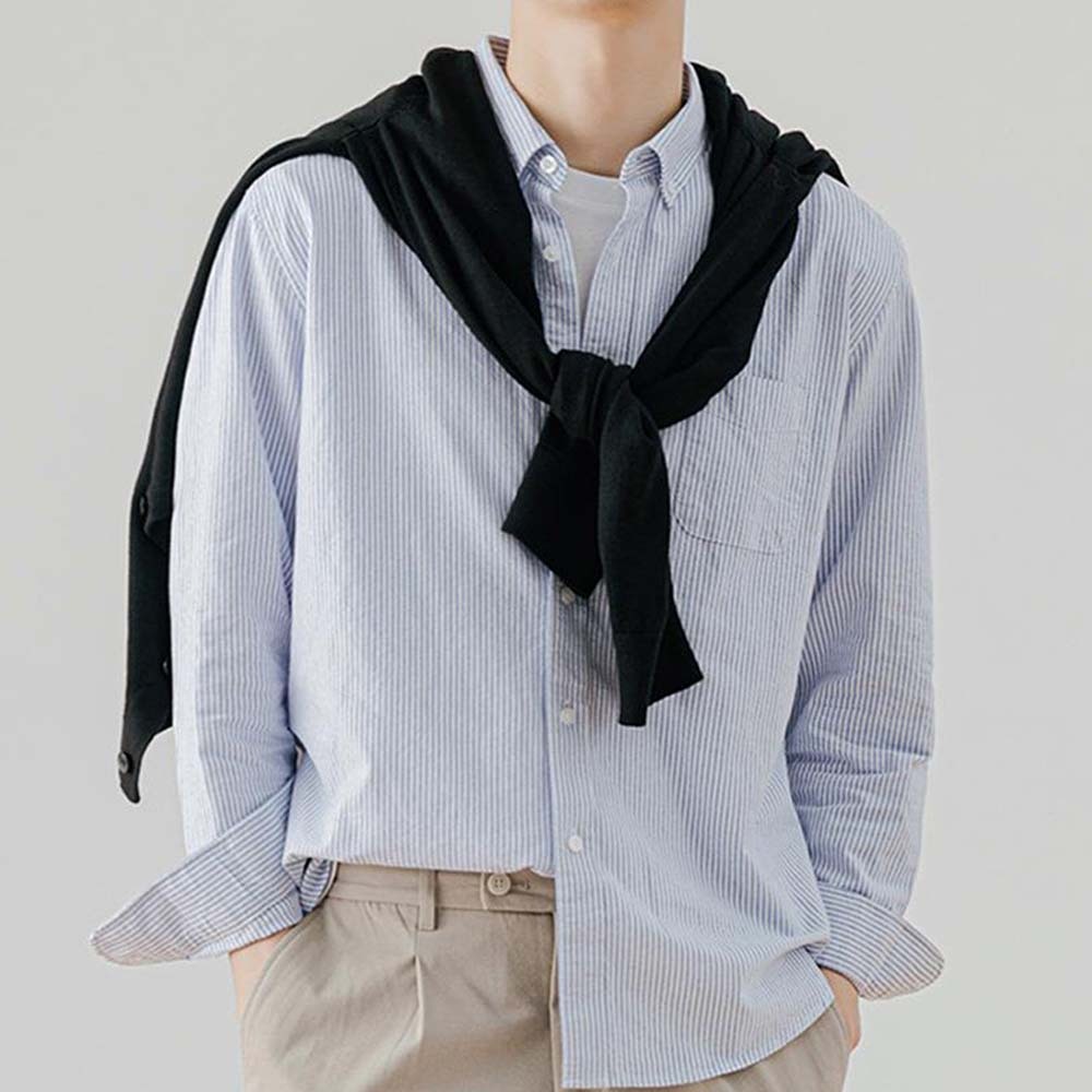 Smiledeer Men's comfortable cotton lapel striped long-sleeve shirt