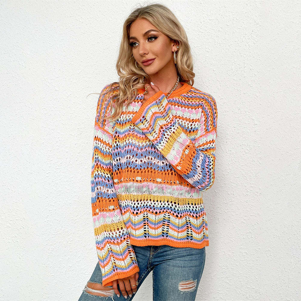 Olivoslindo Suéter suelto con cuello redondo y bloques de colores para mujer