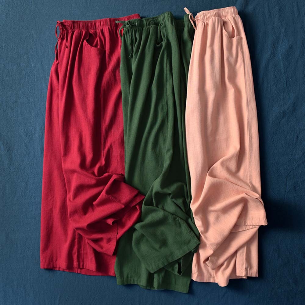 2024 Spring and summer women's retro linen wide-leg pants