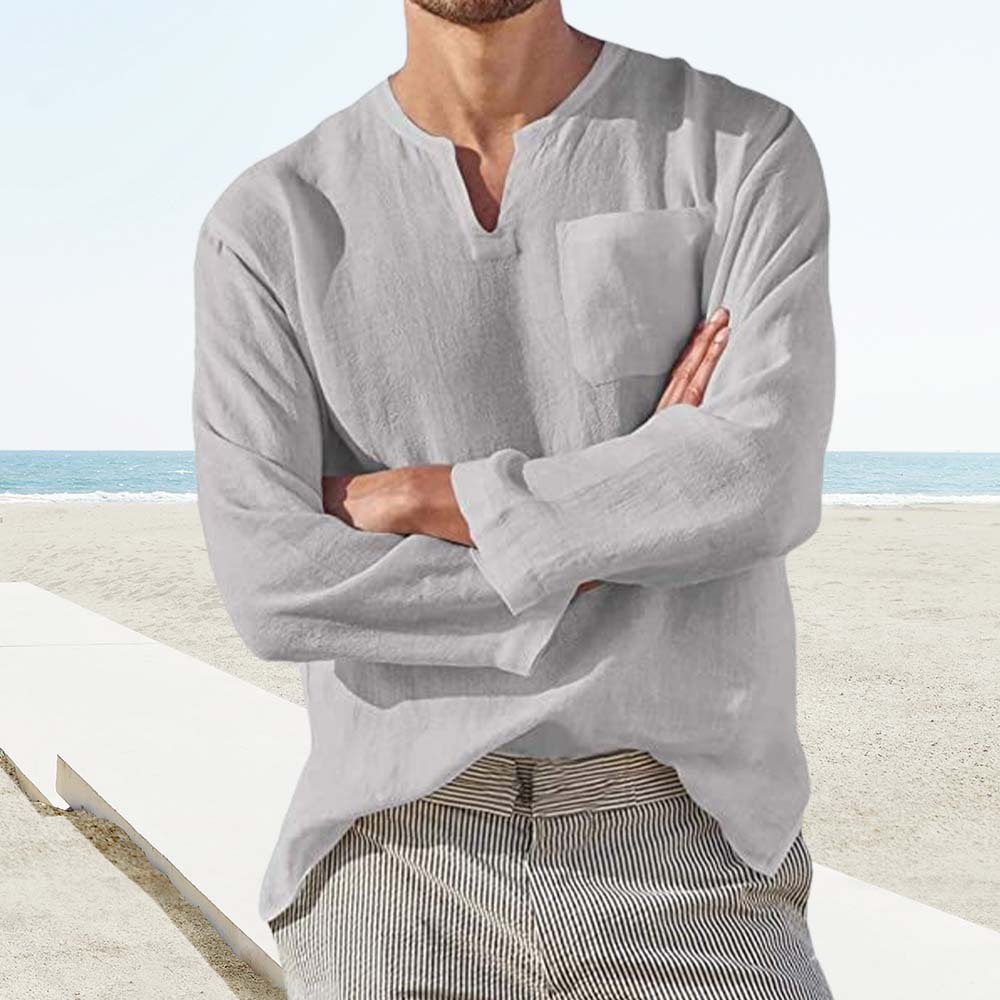 Men's Long Sleeve V Neck Casual Linen Shirt