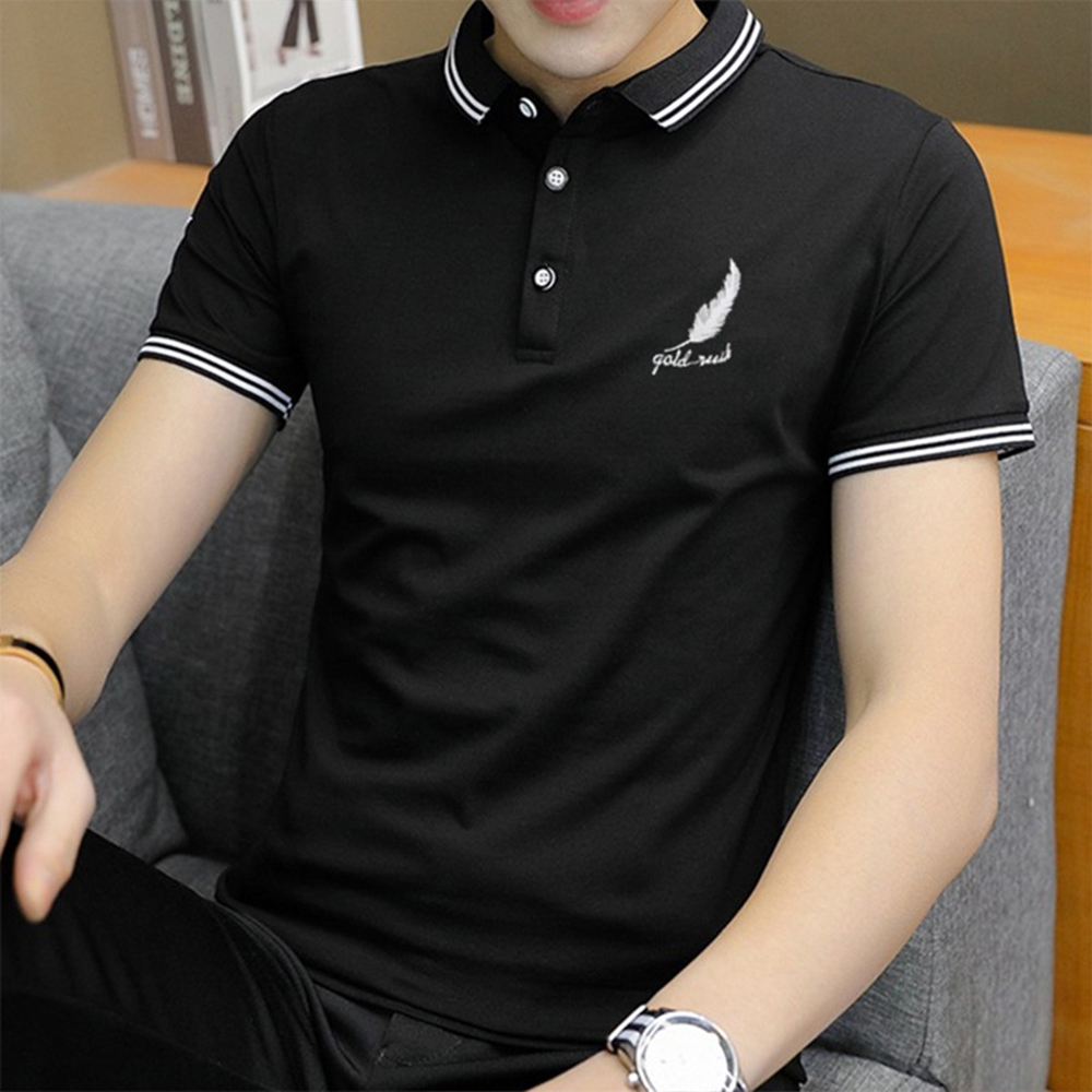 Summer Men's Feather Print Business Short Sleeve Polo Shirt