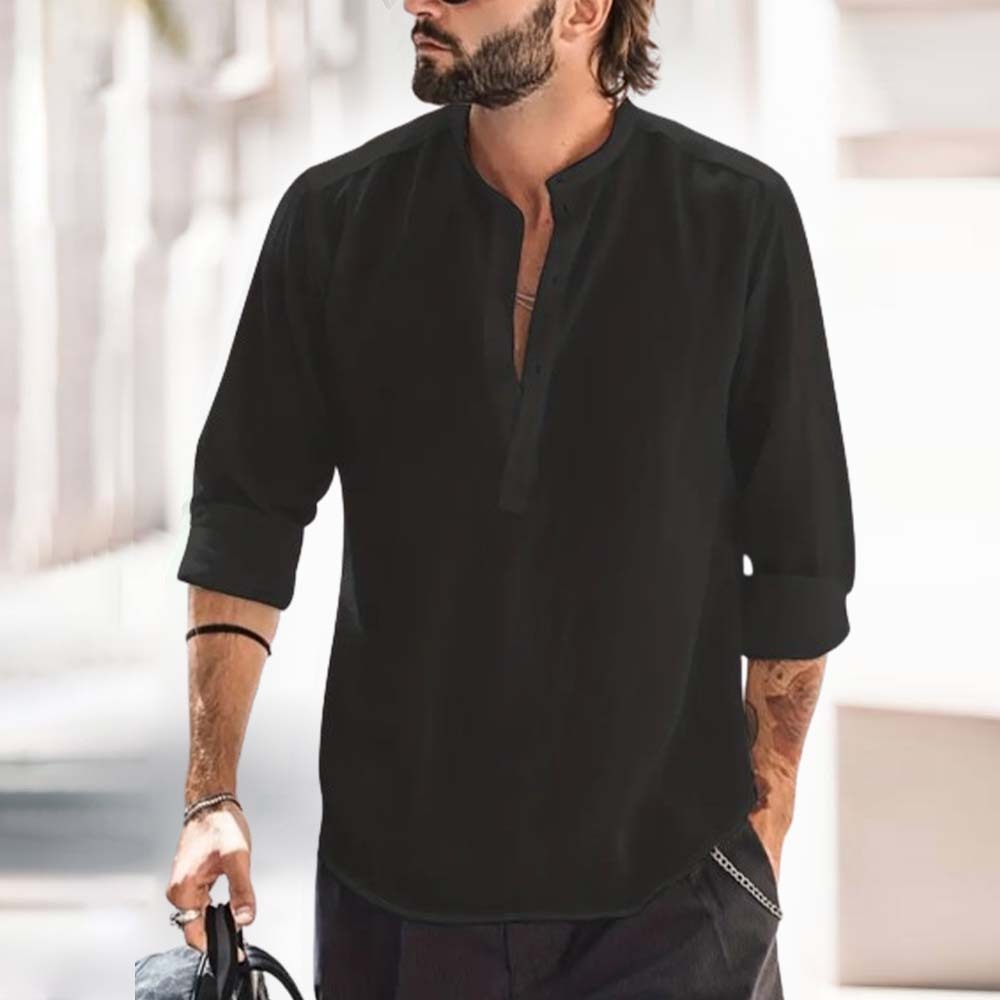 Men's Classic Cotton Half Open Collar Long Sleeve Top Henley