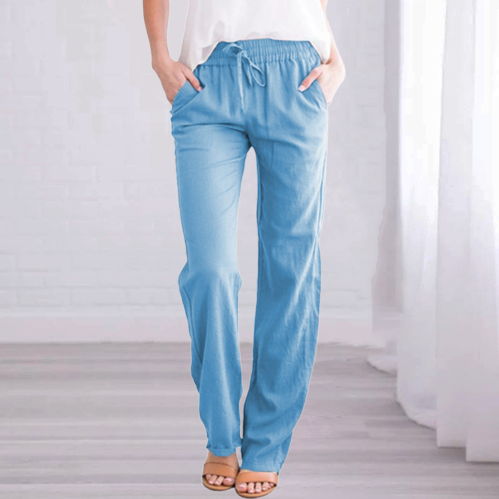 New Ladies Solid Color Cotton Linen Straight Leg Pants