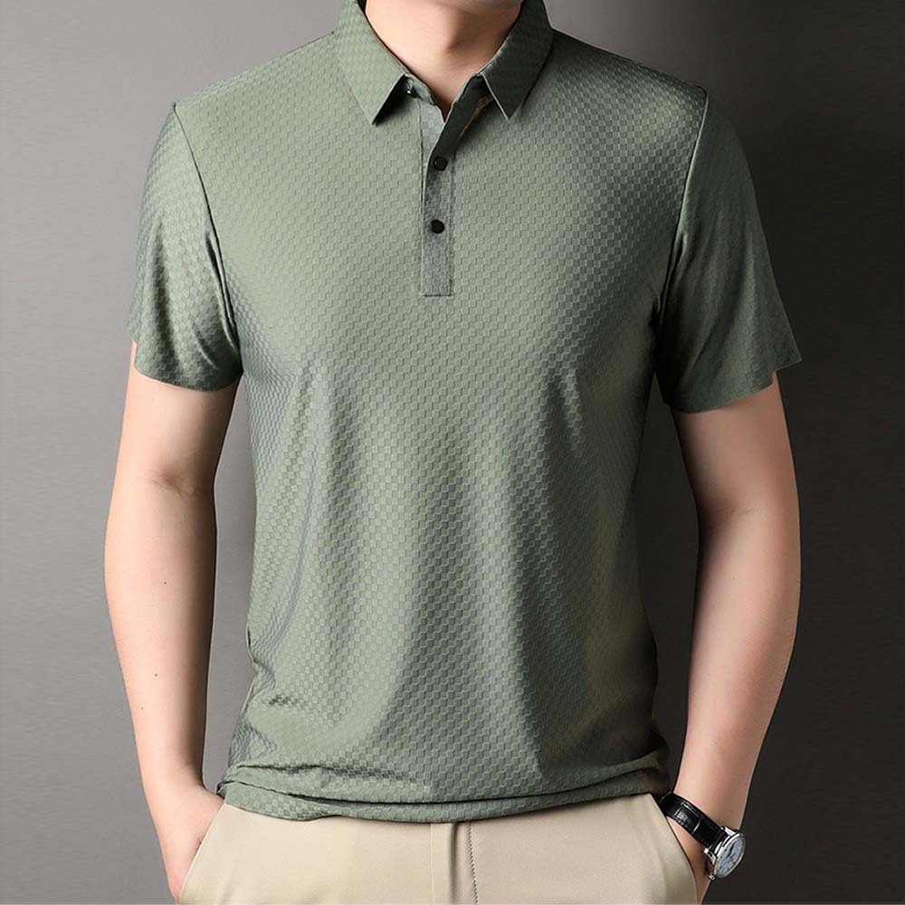 Hojanaranja Polo de manga corta a cuadros elásticos de color liso para hombre