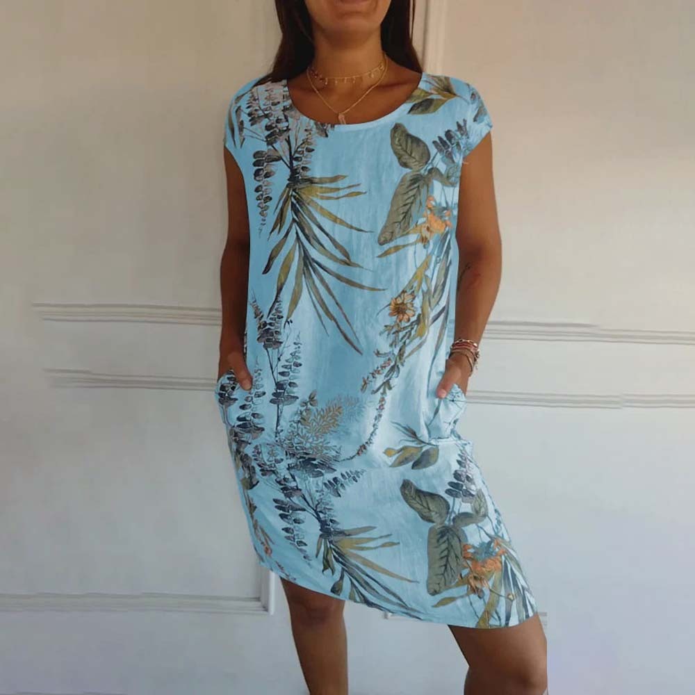 Vestido de mujer con bolsillo estampado, cuello redondo, algodón y lino