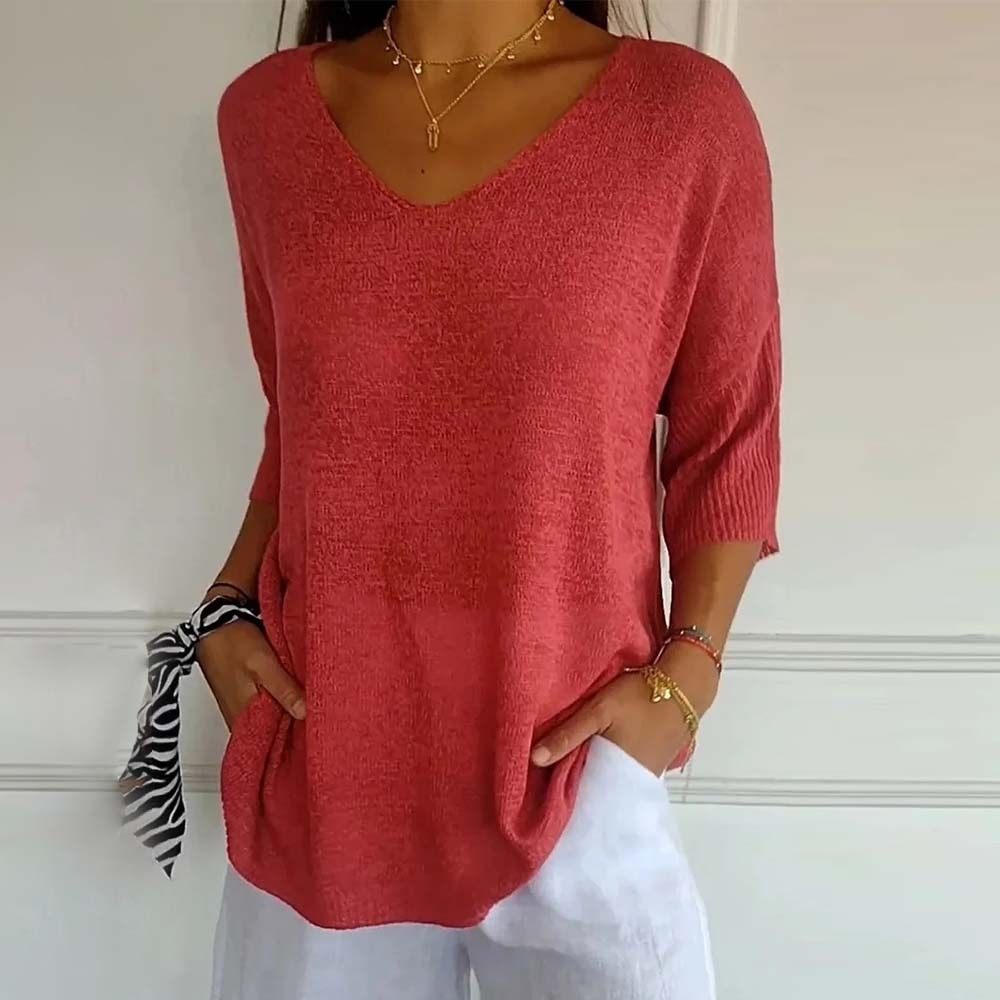 Top de punto de color liso con cuello en V para mujer