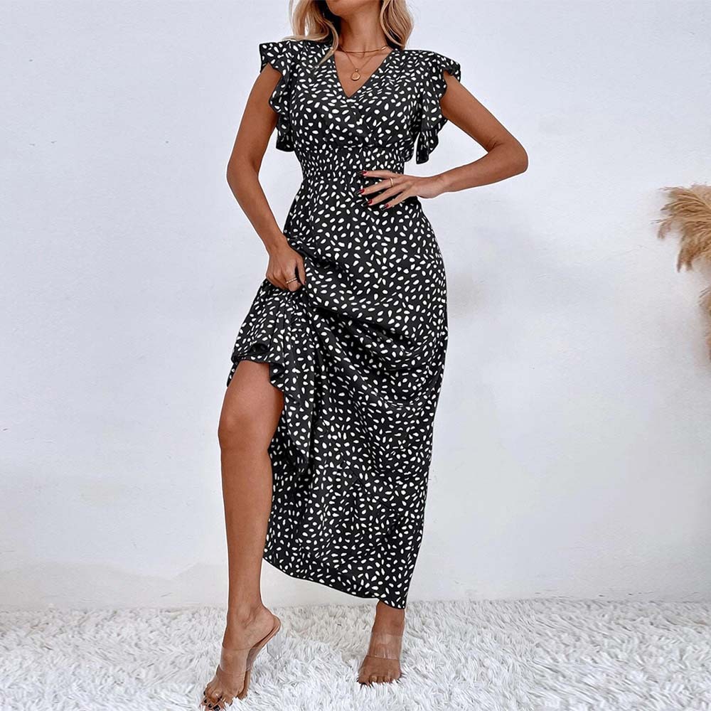 Women's Elegant V-Neck Ruffled Waist Dress