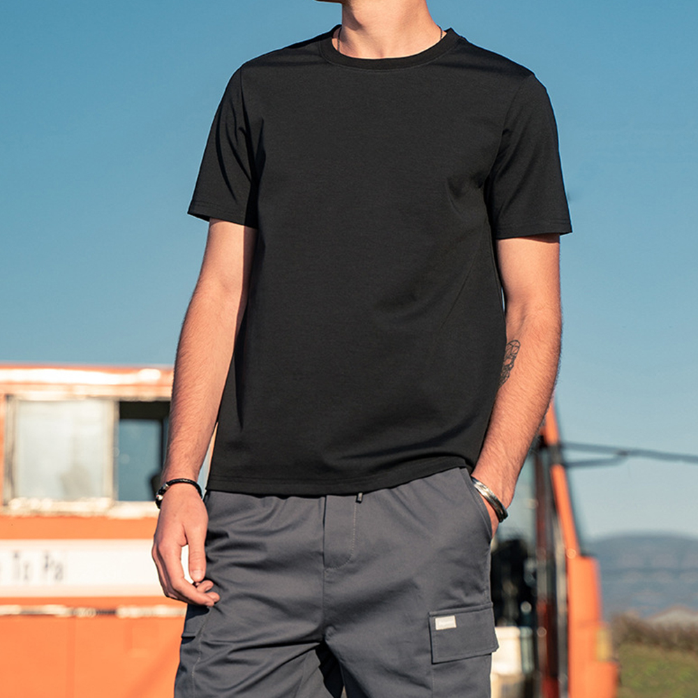 Olivoslindo Camiseta de manga corta con cuello redondo de algodón de seda helada para hombre