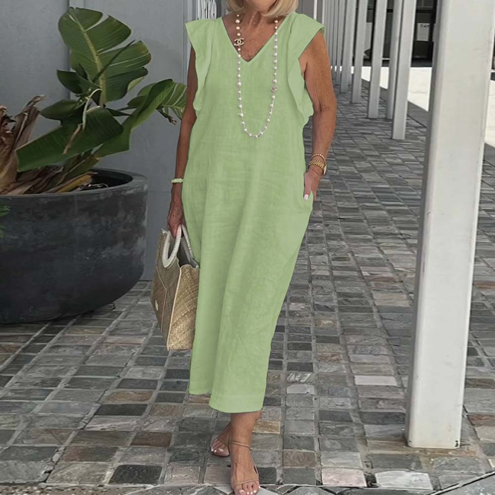 Elegante vestido de algodón y lino con cuello en V y color liso