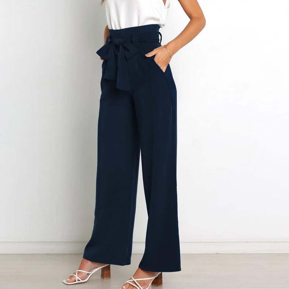 Pantalones anchos de talle alto con lazo a la moda para mujer