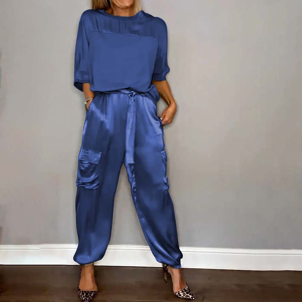 Conjunto dos piezas de top y pantalón media manga de raso liso