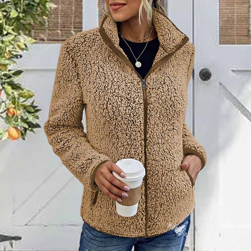 Nueva chaqueta polar de color liso para mujer con cuello alto, mangas largas y cremallera