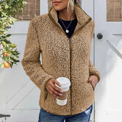 Olivoslindo Nueva chaqueta polar de color liso para mujer con cuello alto, mangas largas y cremallera