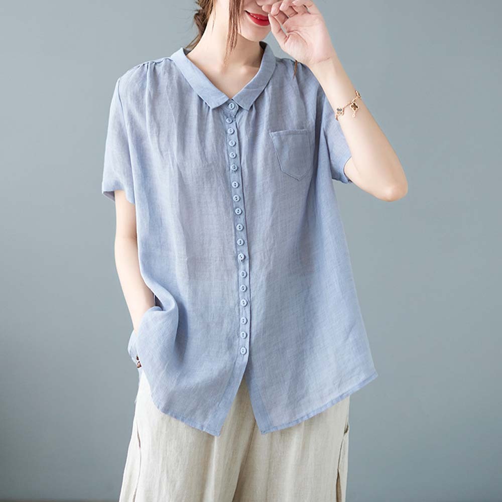 Women's loose large size cotton and linen short sleeve shirt