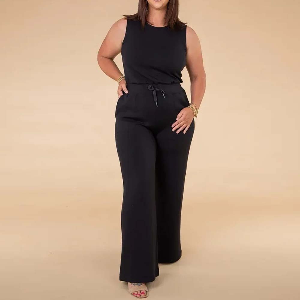 Spring and summer casual lace-up solid color sleeveless jumpsuit