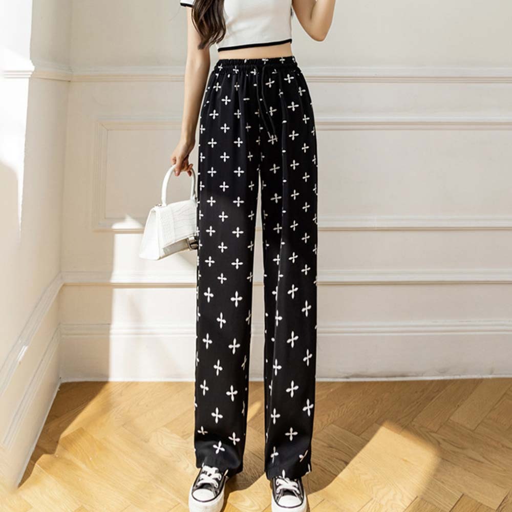 Women's fashionable printed tie-dye ice silk wide-leg pants