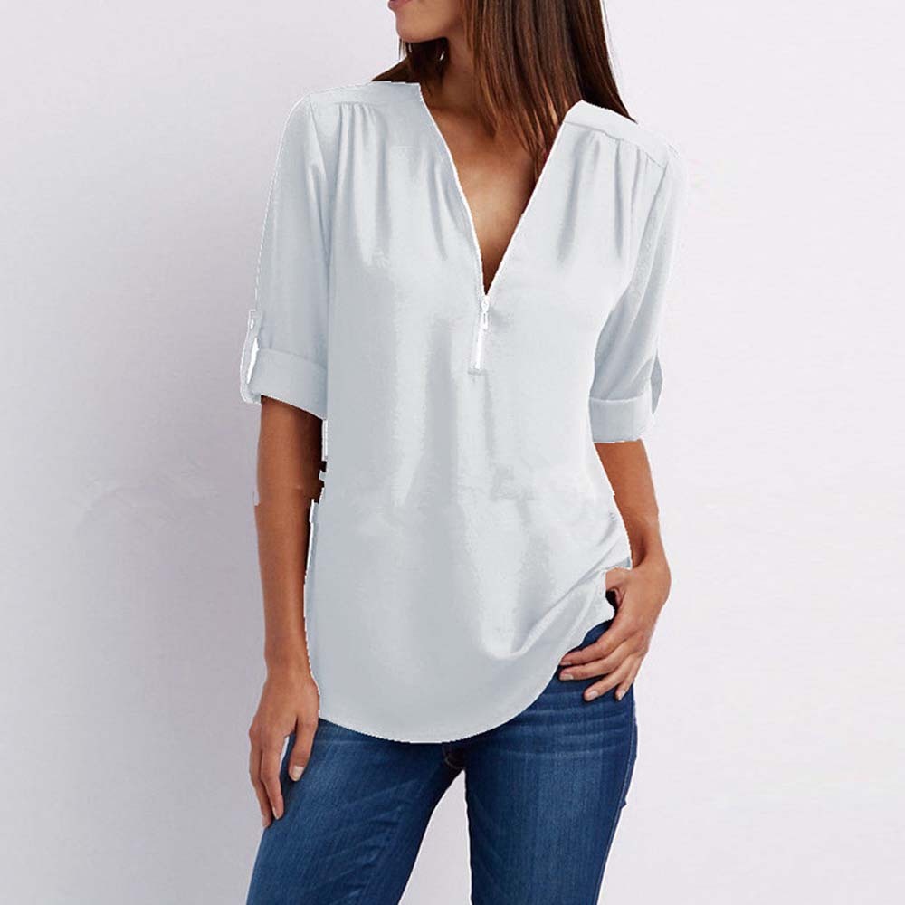 Women's Summer Fashion V Neck Zipper Chiffon Shirt