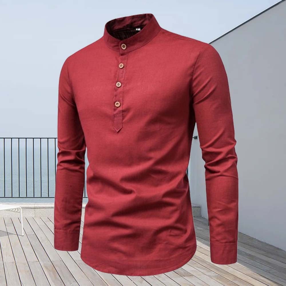 Fashion slim fit cotton and linen half-open collar men's long-sleeved shirt