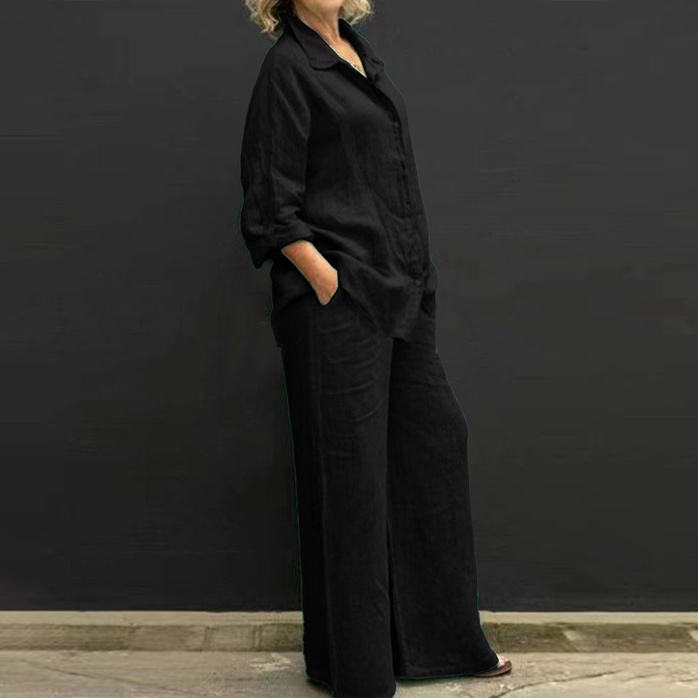 Women's casual cotton 2-piece set (long-sleeved shirt + wide-leg trousers)