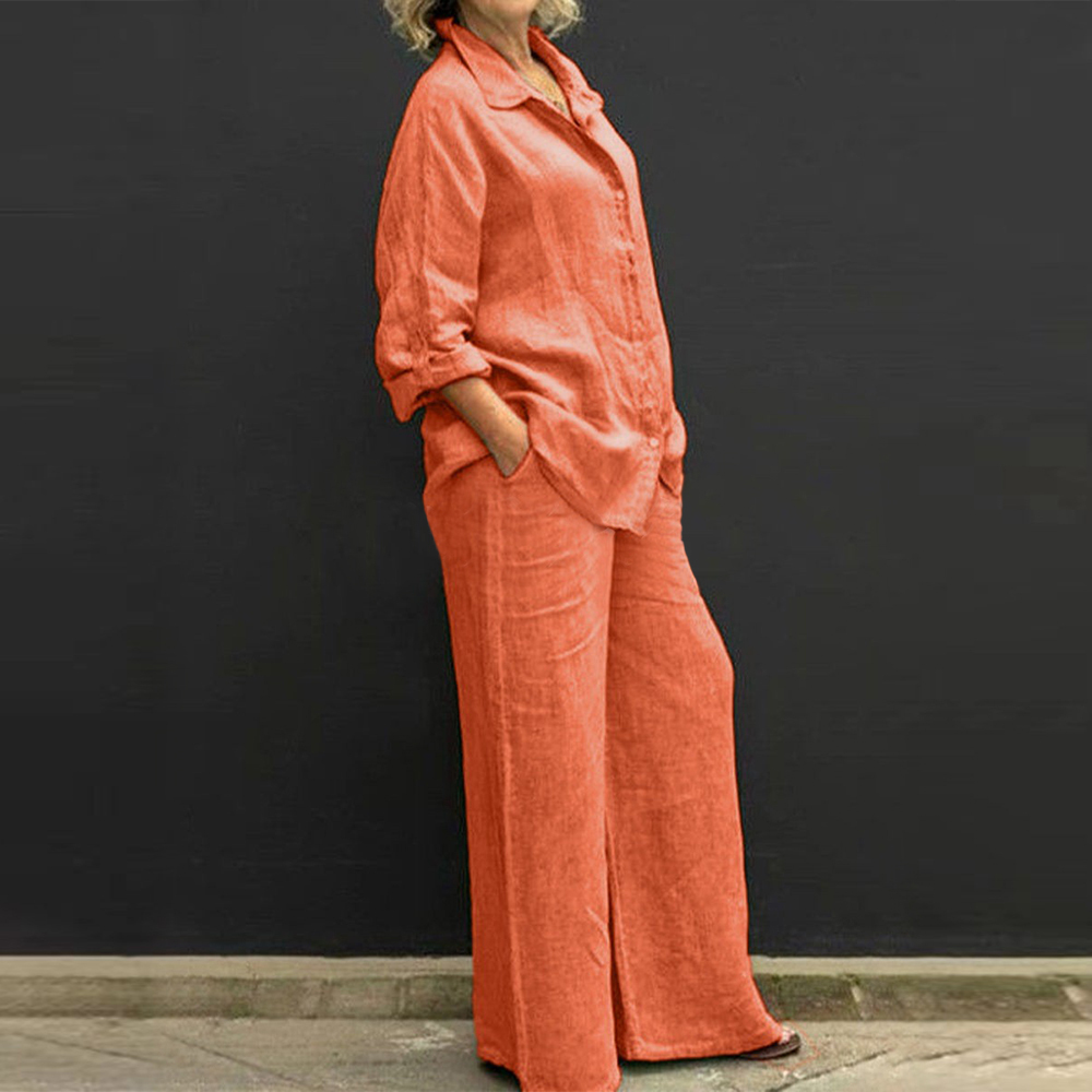 Women's casual cotton 2-piece set (long-sleeved shirt + wide-leg trousers)