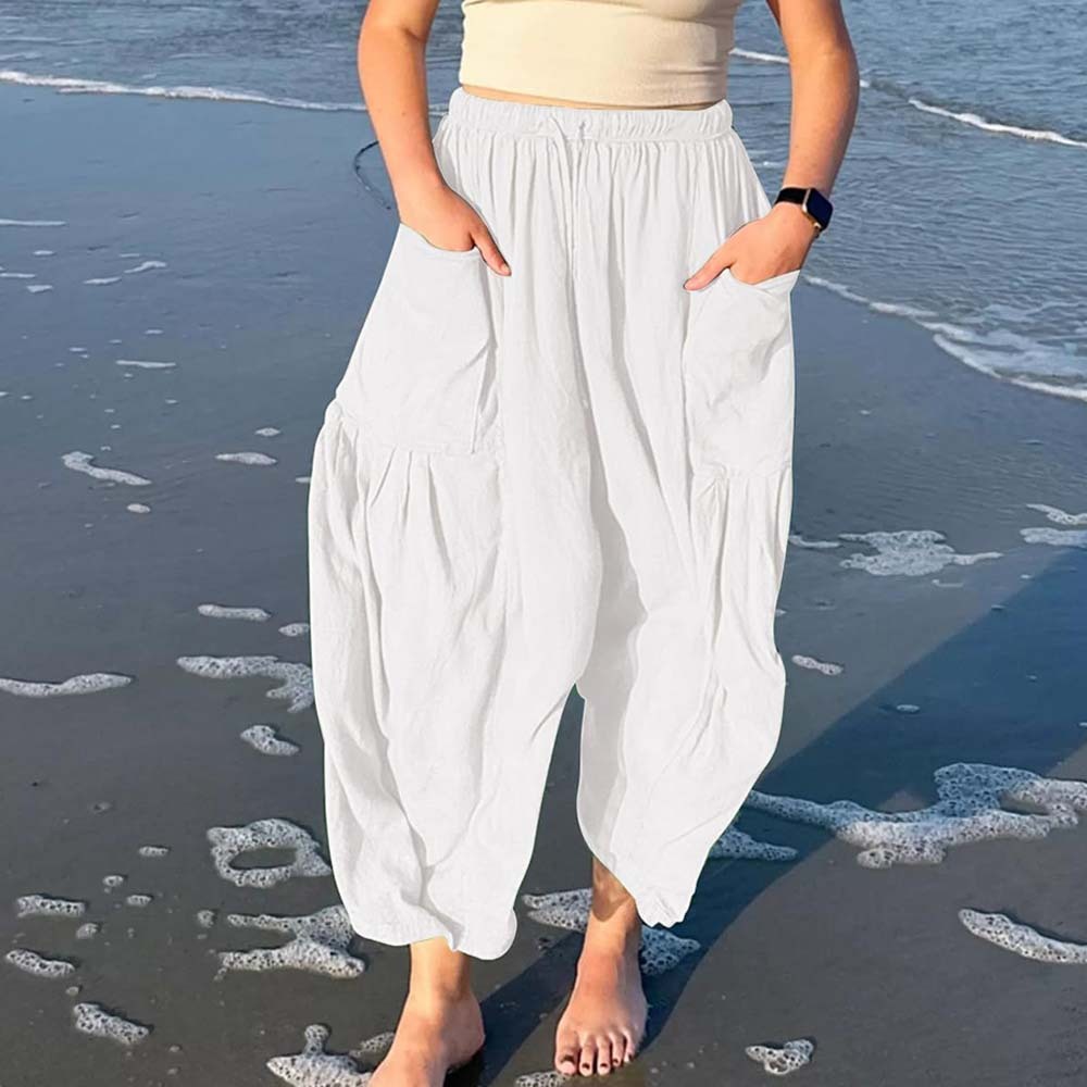 Pantalones casuales de algodón y lino con pierna ancha y cintura alta