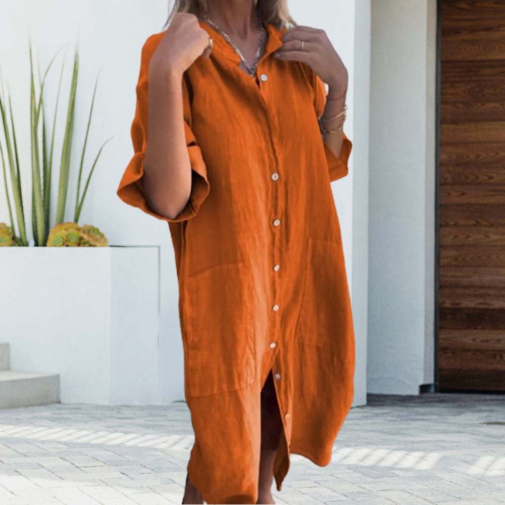 Hojanaranja Vestido camisero elegante y versátil de algodón y lino en color liso