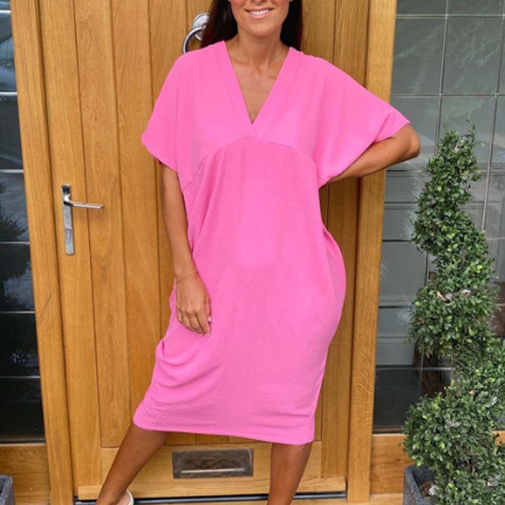 Vestido de seda hielo con cuello en V y manga murciélago de color liso