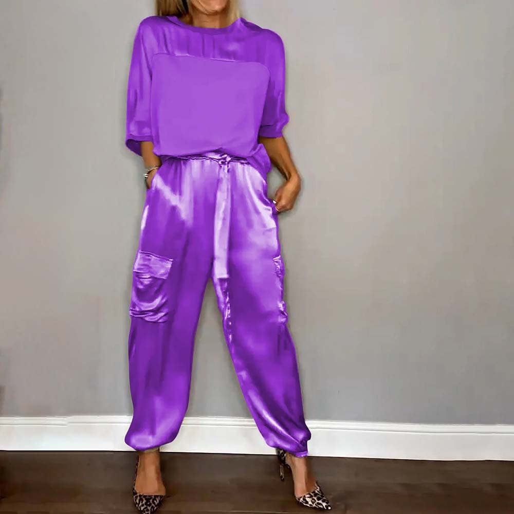 Conjunto dos piezas de top y pantalón media manga de raso liso