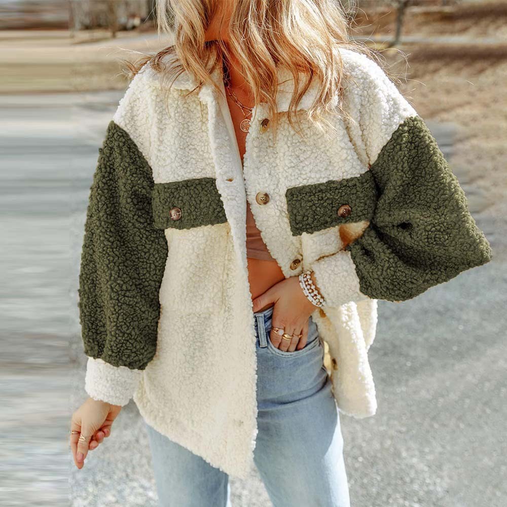 Olivoslindo Abrigo de piel suelto de manga larga informal de otoño e invierno para mujer con doble bolsillo y color a juego