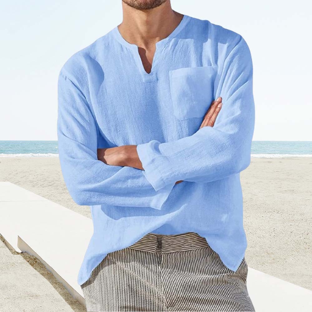 Men's Long Sleeve V Neck Casual Linen Shirt