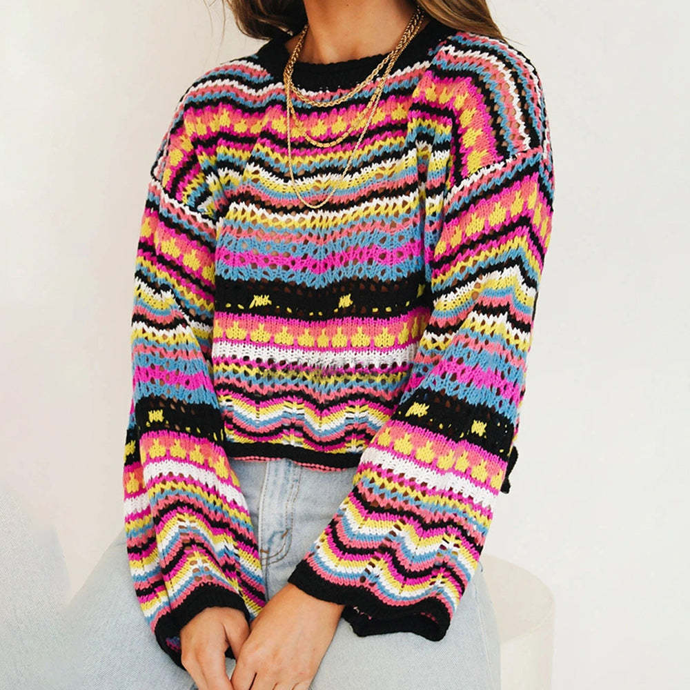 Olivoslindo Suéter suelto con cuello redondo y bloques de colores para mujer