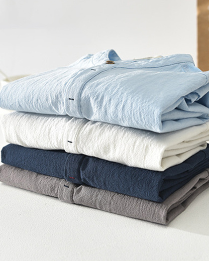 Men's short-sleeved cotton and linen shirt