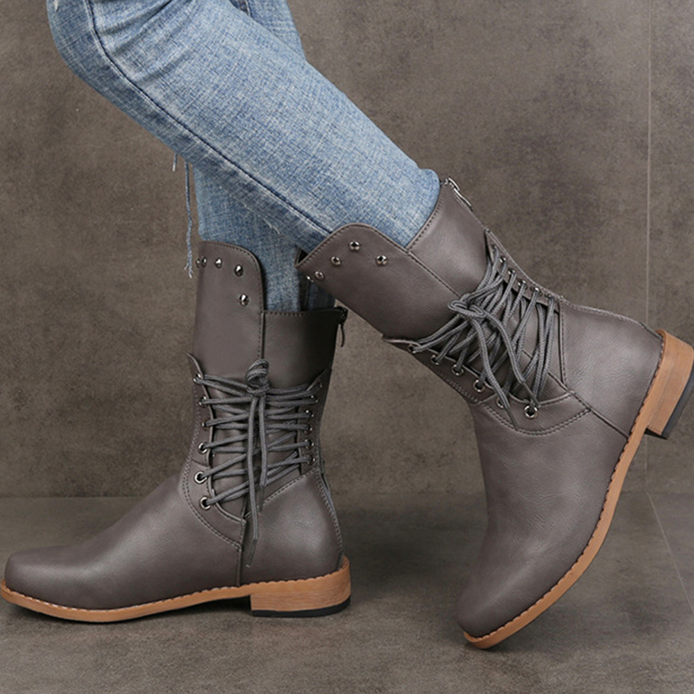 Olivoslindo Nuevo Botas de media piel con cremallera trasera de color liso para mujer