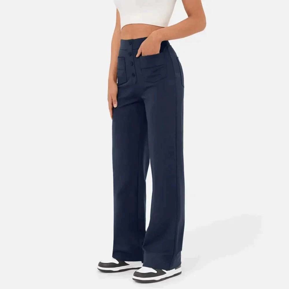 Pantalones casuales elásticos con botones de cintura alta para mujer