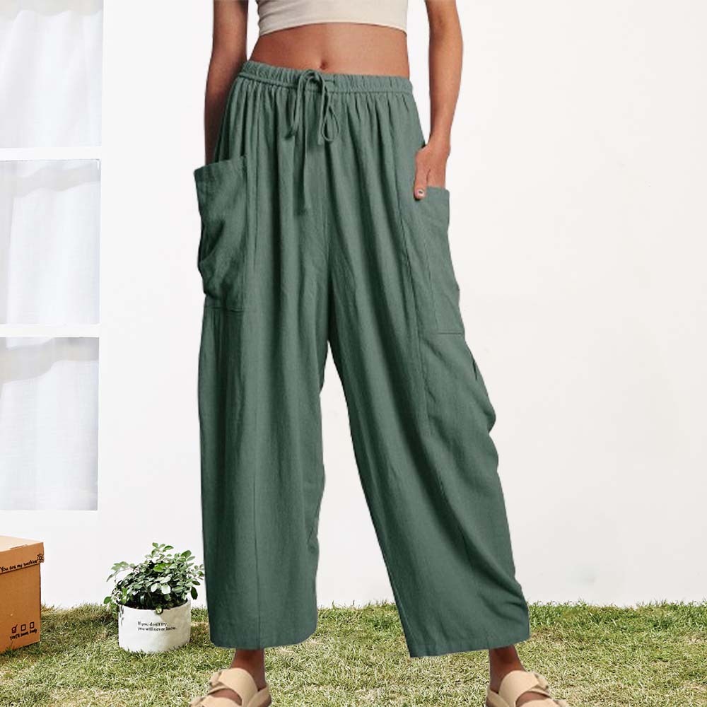 Pantalones casuales de algodón y lino con pierna ancha y cintura alta