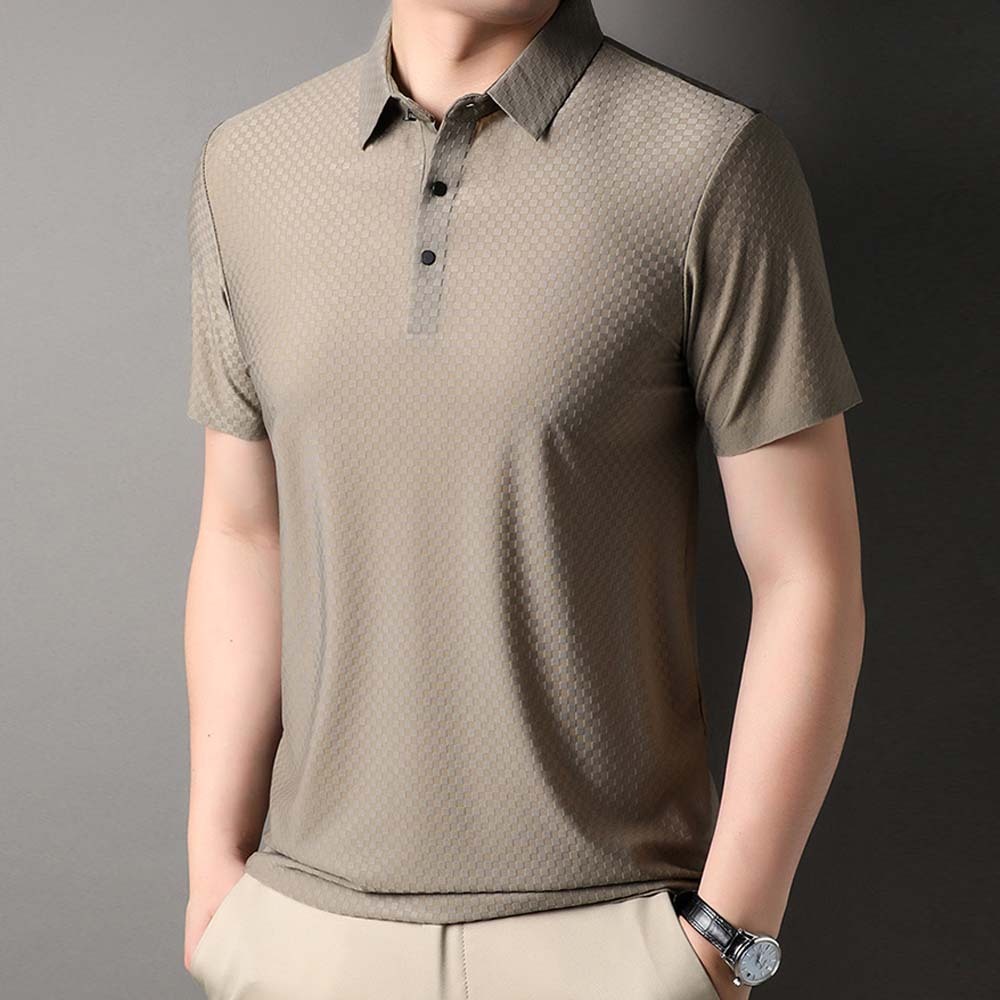 Hojanaranja Polo de manga corta a cuadros elásticos de color liso para hombre