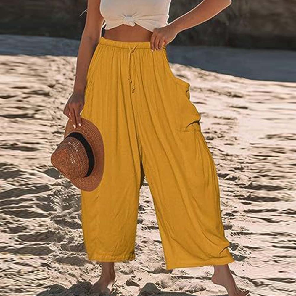 Pantalones casuales de algodón y lino con pierna ancha y cintura alta