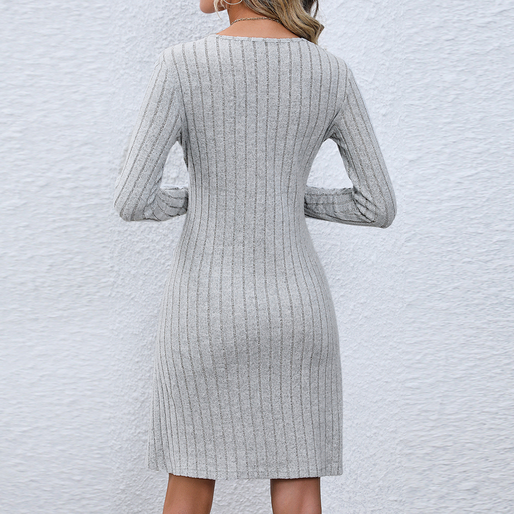 2024 Fashion Button V Neck Long Sleeve Knitted Dress