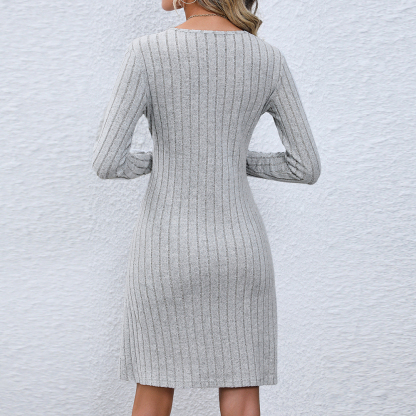 2024 Fashion Button V Neck Long Sleeve Knitted Dress