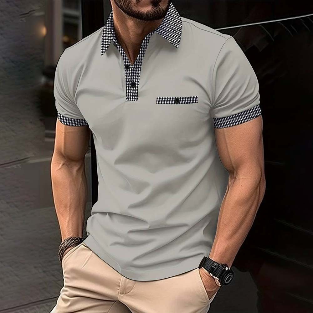 Summer Men's Houndstooth Casual Button Collar Short Sleeve Polo Shirt