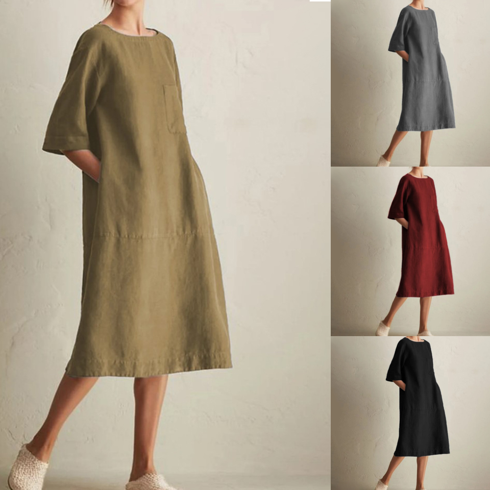 Olivoslindo Vestido casual con bolsillo de lino y algodón de manga larga con cuello redondo