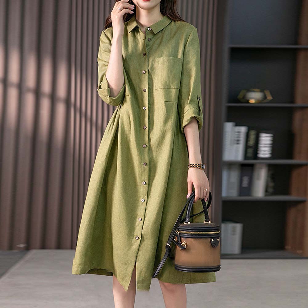 Vestido elegante suelto de algodón y lino para mujer