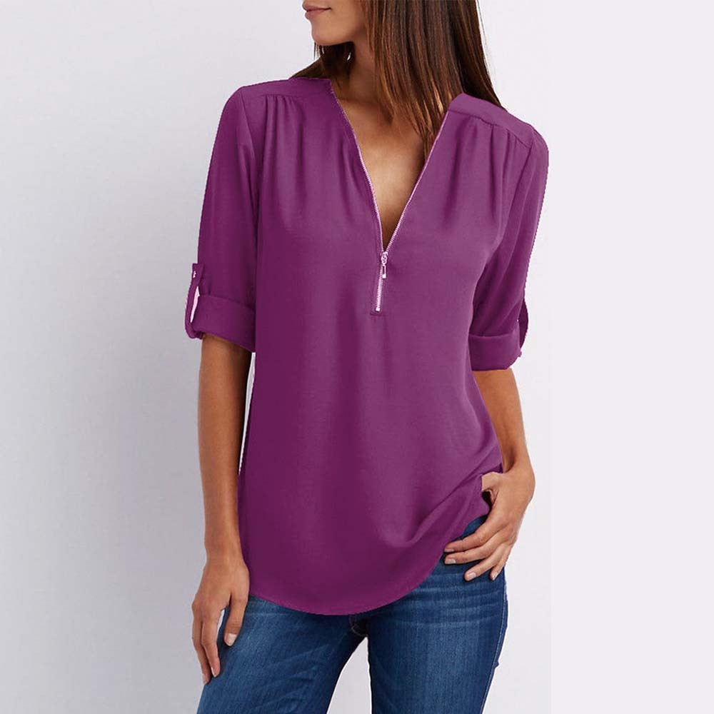 Women's Summer Fashion V Neck Zipper Chiffon Shirt