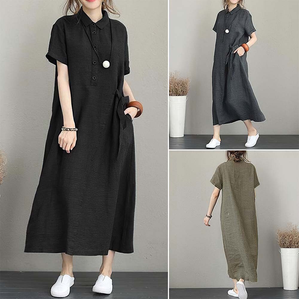 Women's Casual Polo Neck Cotton and Linen Short Sleeve Dress