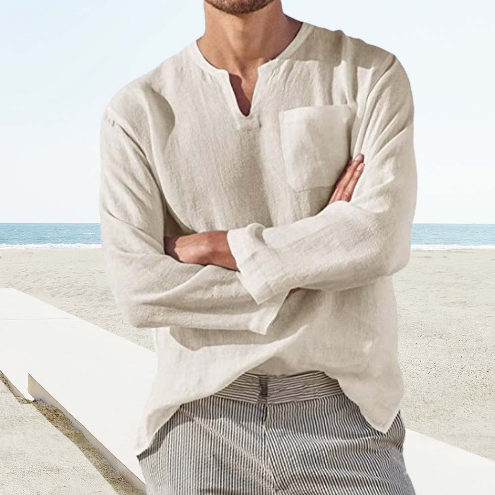 Men's Long Sleeve V Neck Casual Linen Shirt